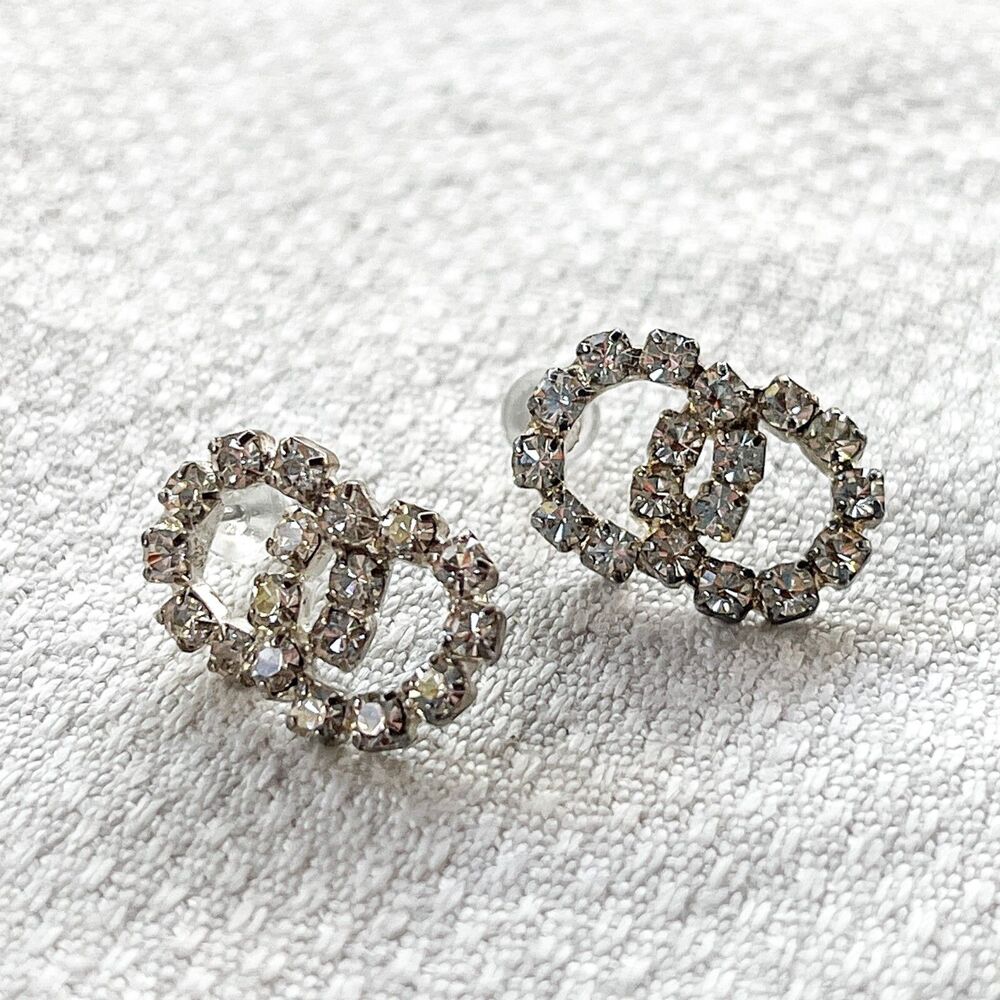 Vintage 1980s Rhinestone Interlocking Circles Earrings - Estate Costume Jewelry